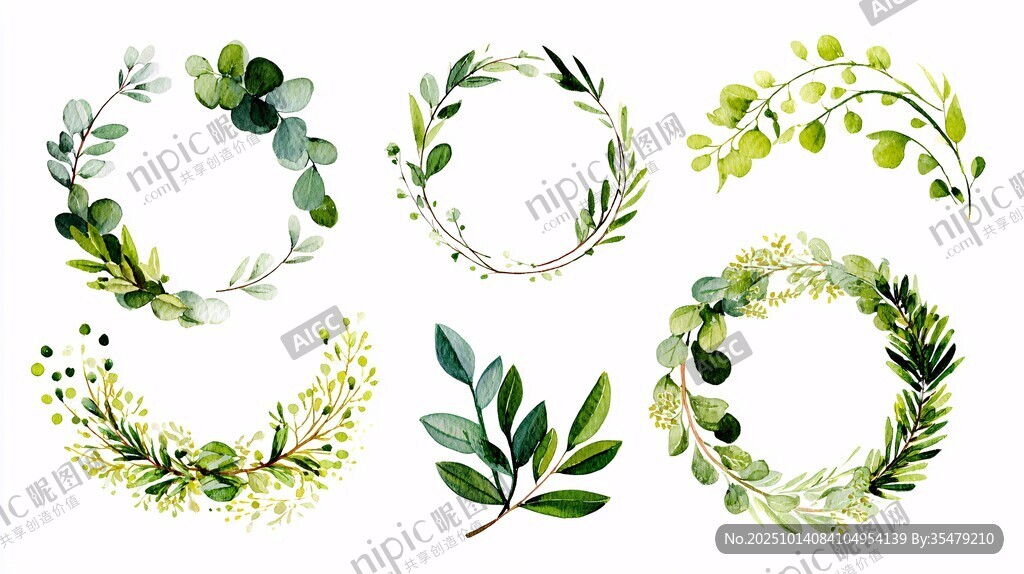 清新绿植花环水彩插画