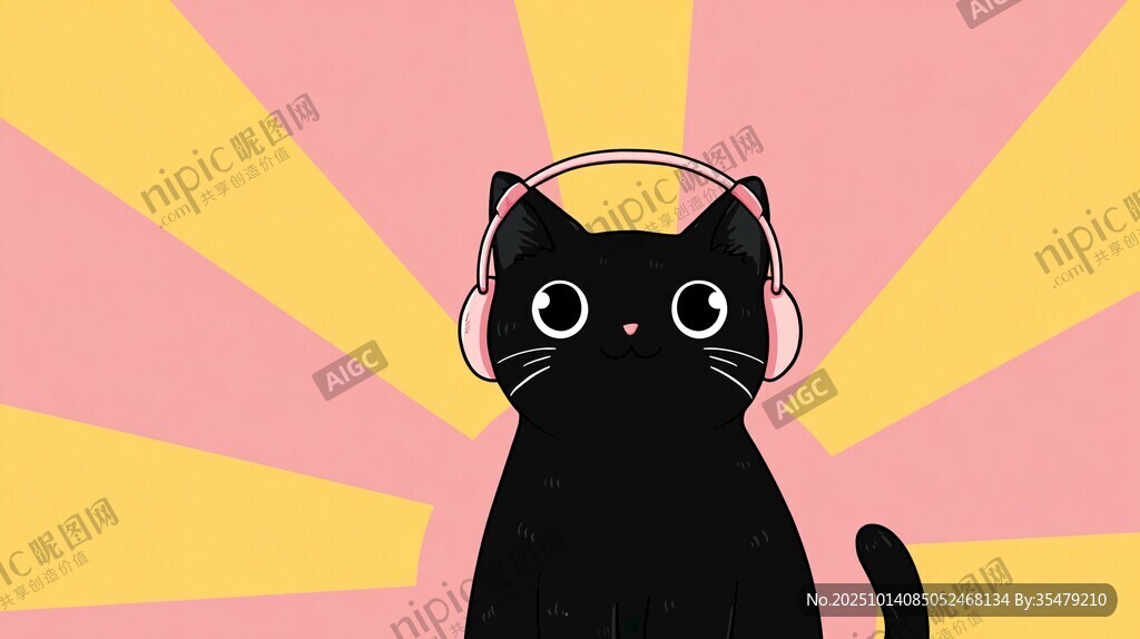 戴耳机的黑猫萌趣插画