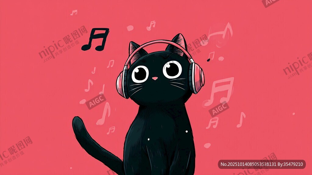 黑猫戴耳机享受音乐时刻