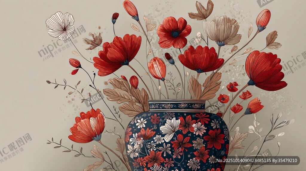 复古花瓶插满绚丽花卉