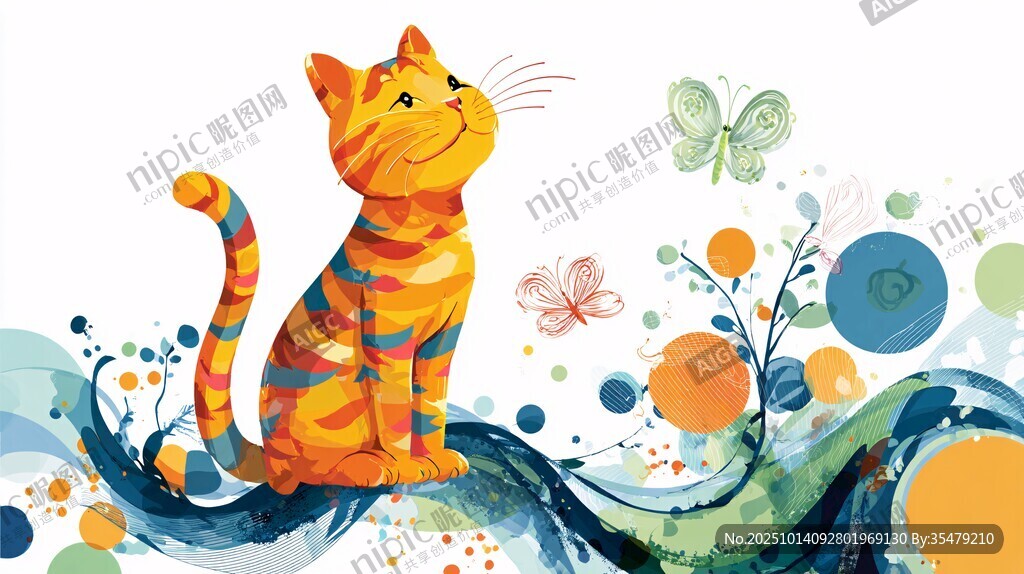 彩色猫咪与梦幻蝴蝶插画