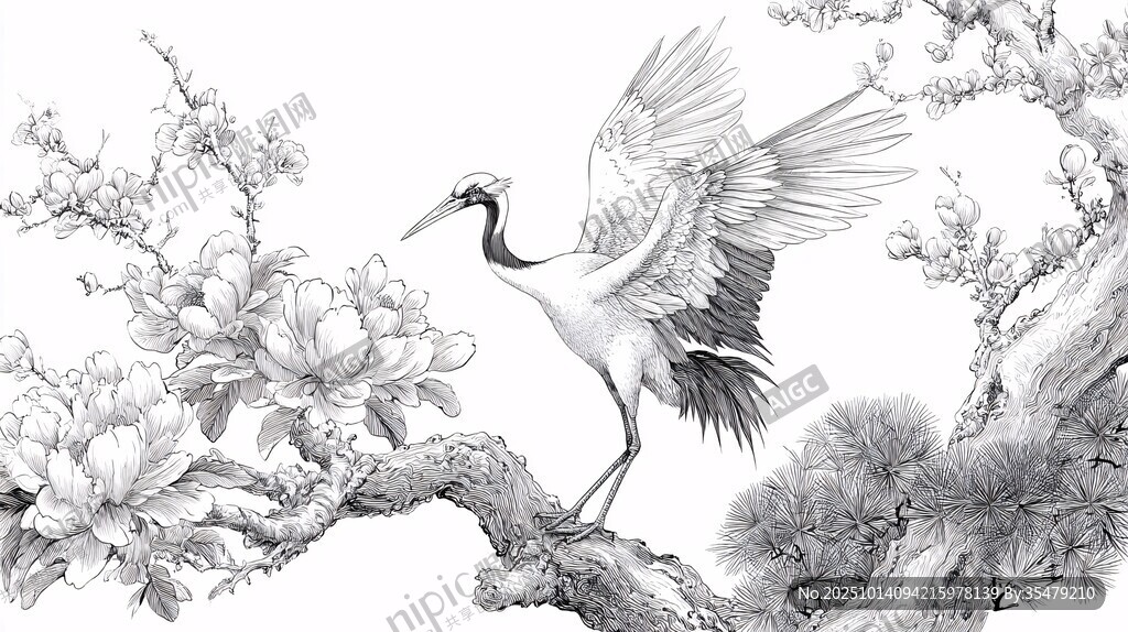鹤立花枝间 尽显优雅