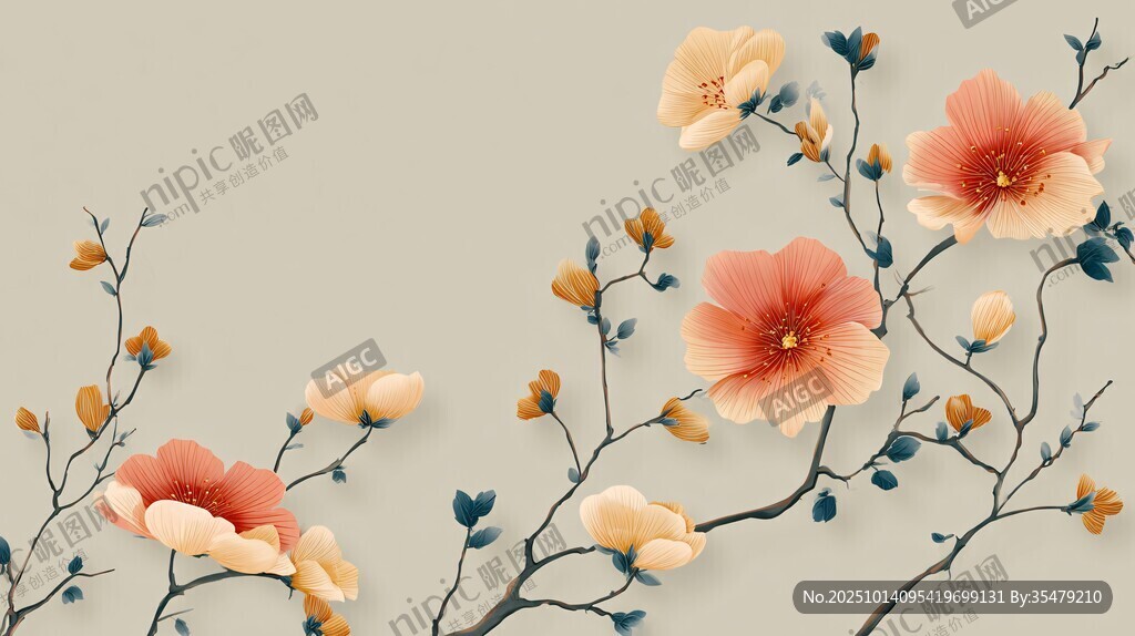 中式手绘花卉精美枝头图