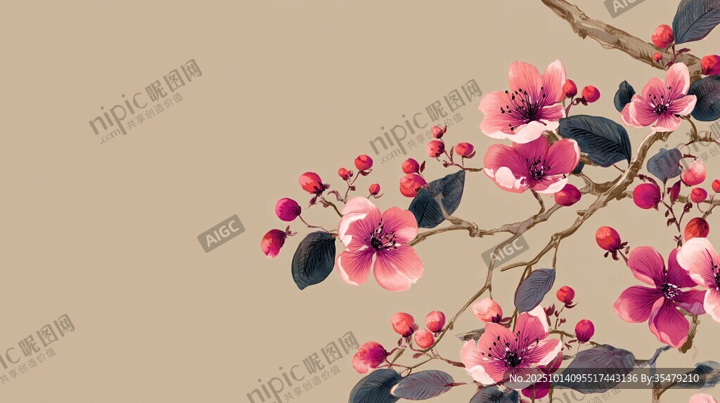 枝头绽放的娇艳粉色花朵