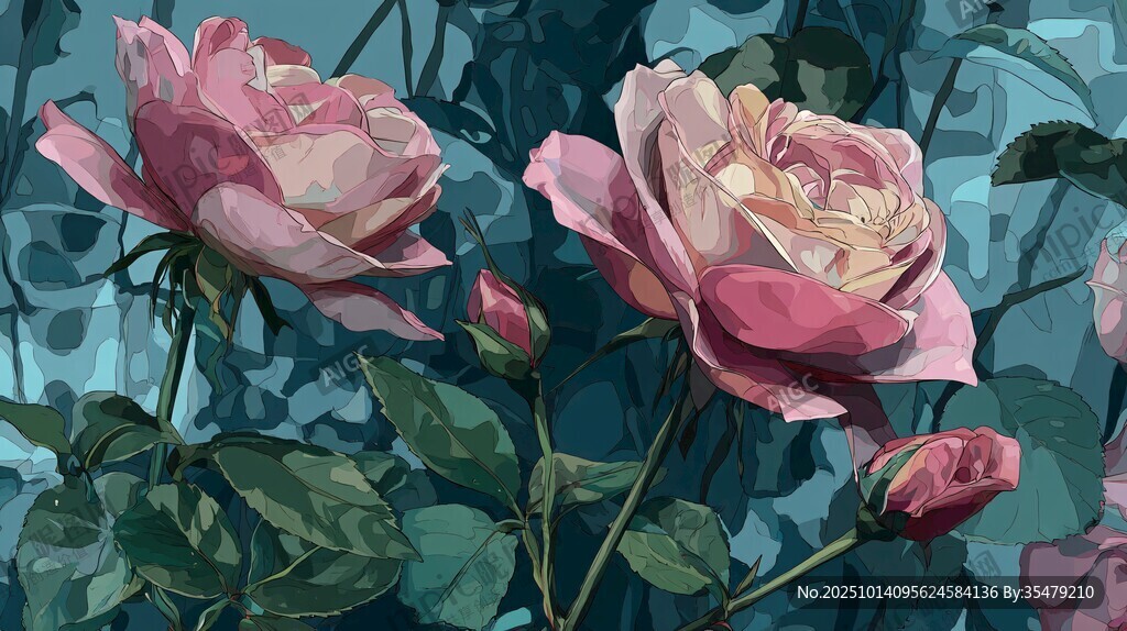 梦幻粉色玫瑰插画