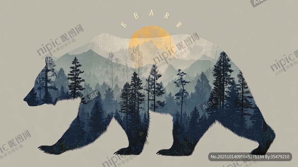 熊形山林景观插画