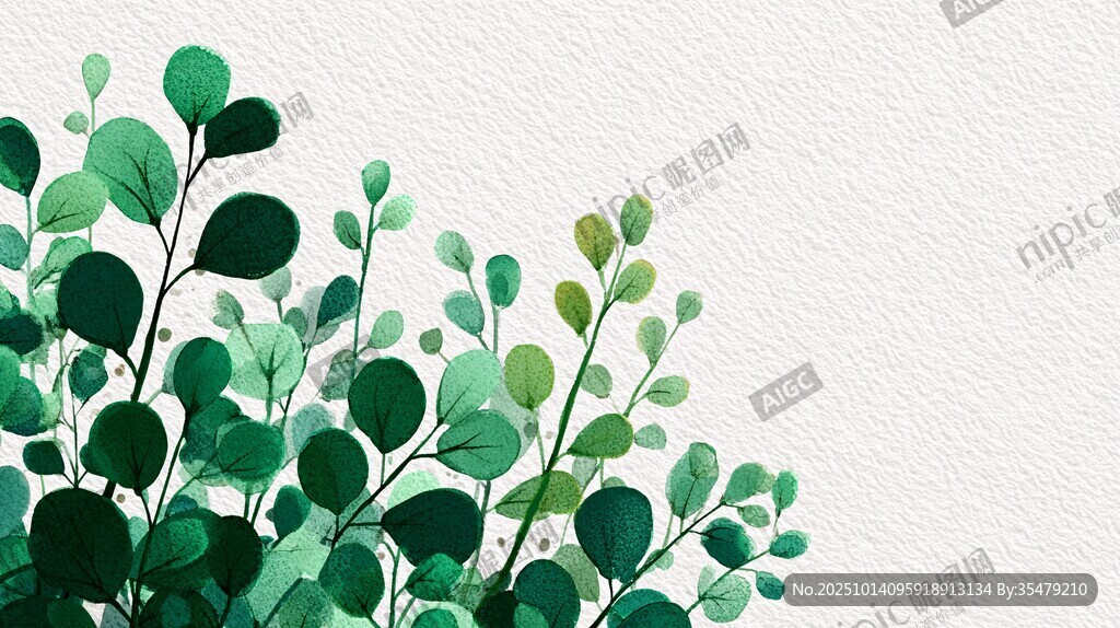 清新绿叶水彩背景图