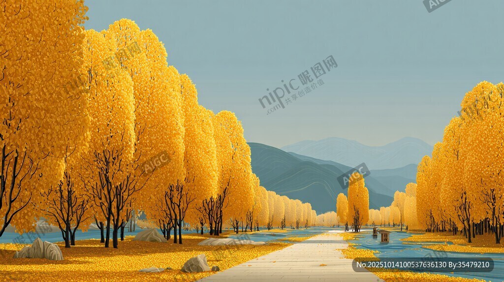 秋日金黄林荫道美景