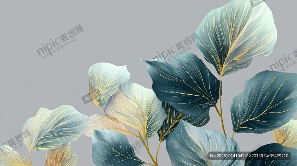 清新蓝绿叶片插画