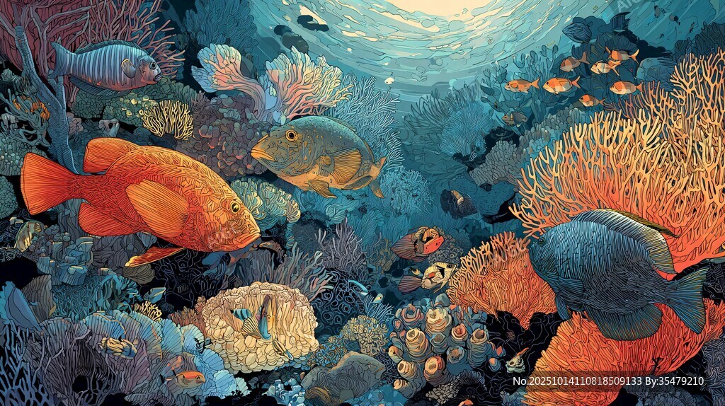 海底缤纷鱼群与珊瑚景观