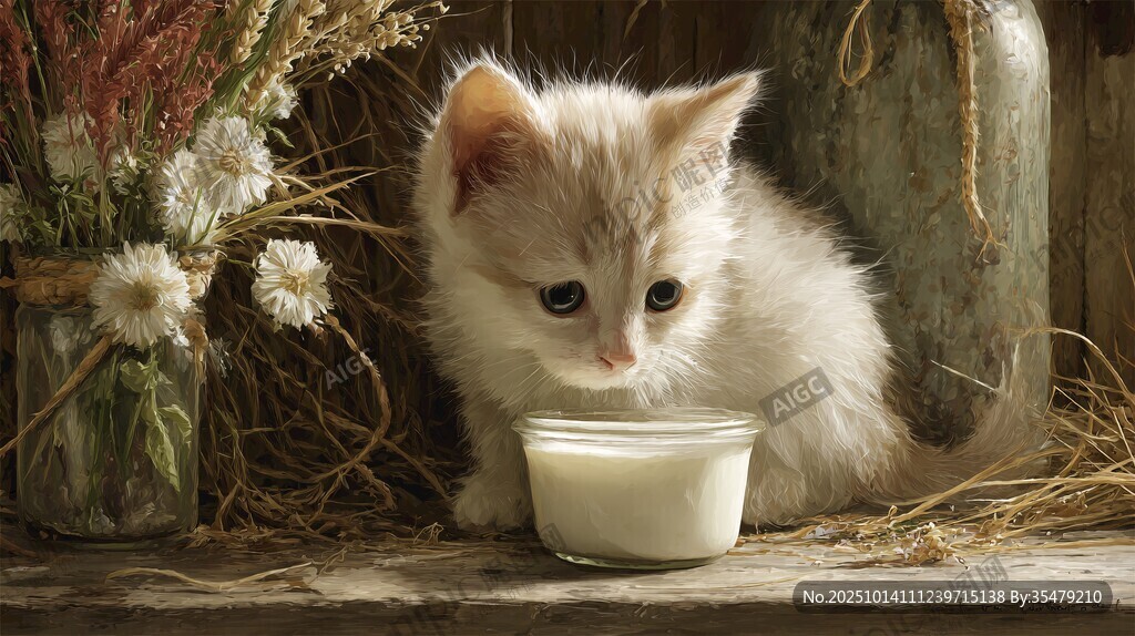 小奶猫专注喝牛奶的瞬间