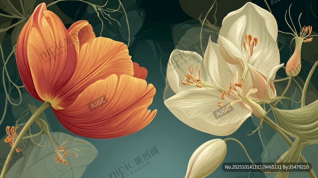 两朵花卉的精致插画