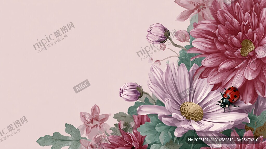 花卉间的瓢虫唯美画面