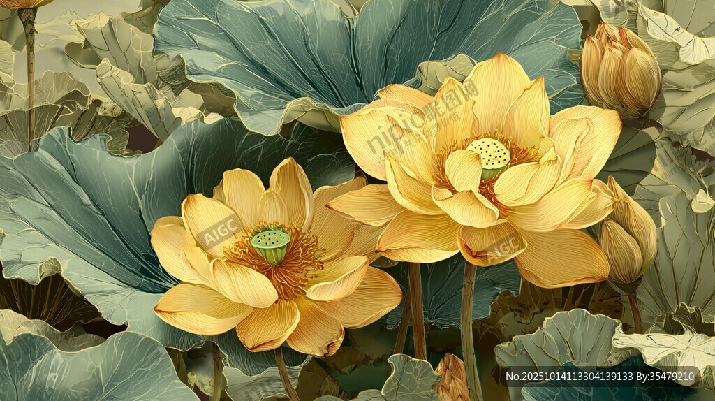 金色荷花绽放于绿叶间