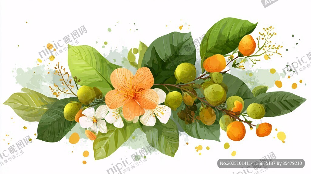 水彩绘橘花绿叶果实图