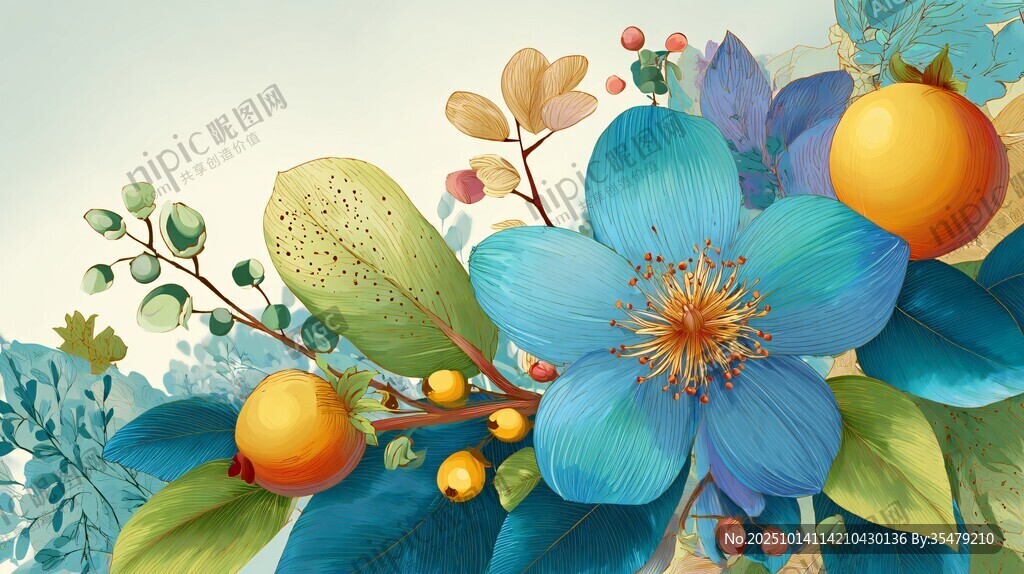 蓝色花卉与果实插画作品