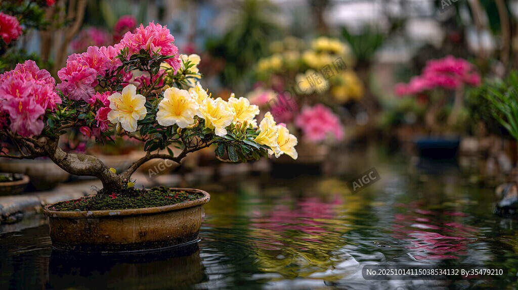 水中绽放的多彩杜鹃盆景