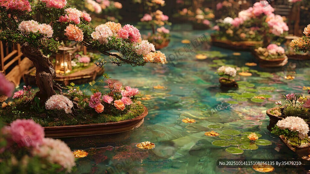 梦幻中式水景花卉景观