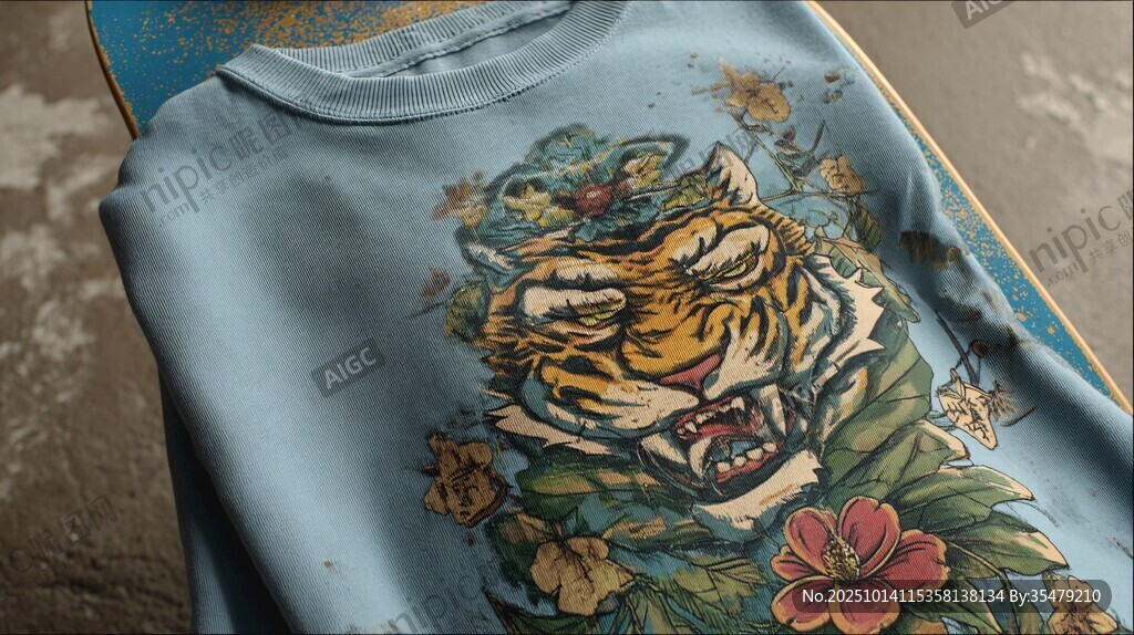 蓝色虎纹印花潮流T恤