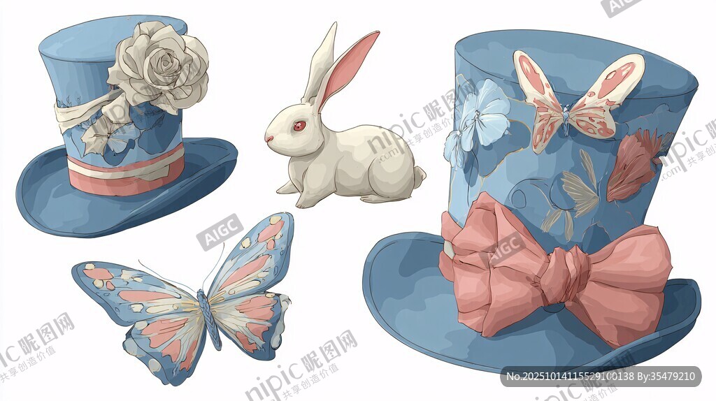 梦幻蓝帽与萌兔蝴蝶元素