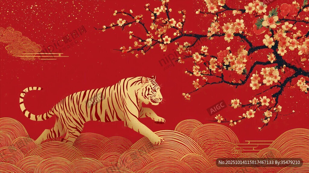 虎年瑞景 红梅瑞虎祥云