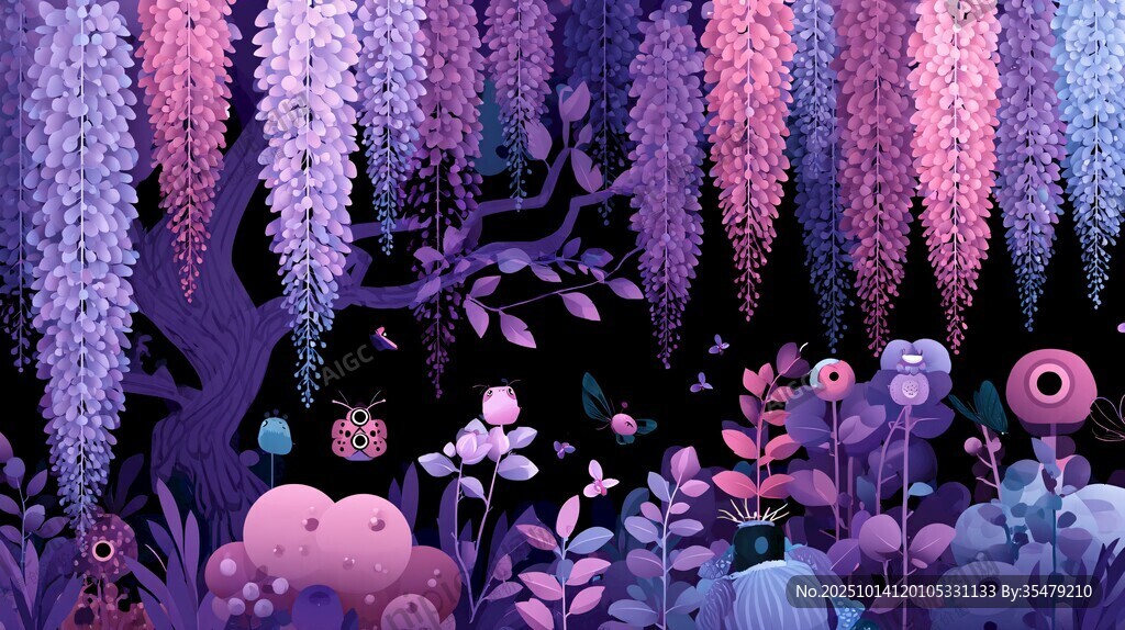 梦幻紫色花卉藤蔓夜景图
