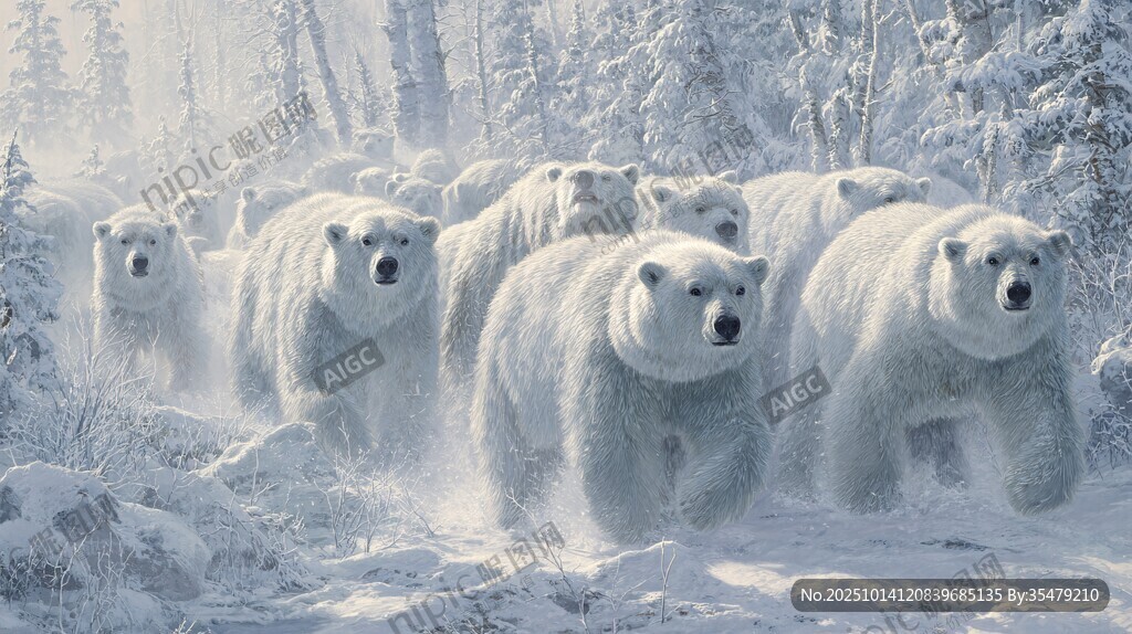 北极狼群雪地中集体出动