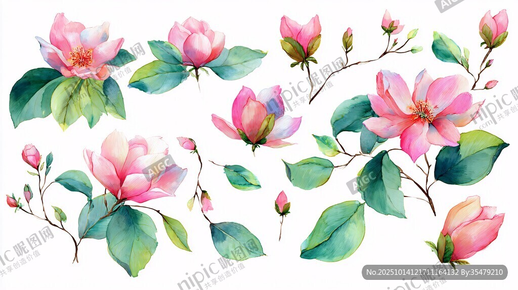 水彩绘粉色玉兰花组图
