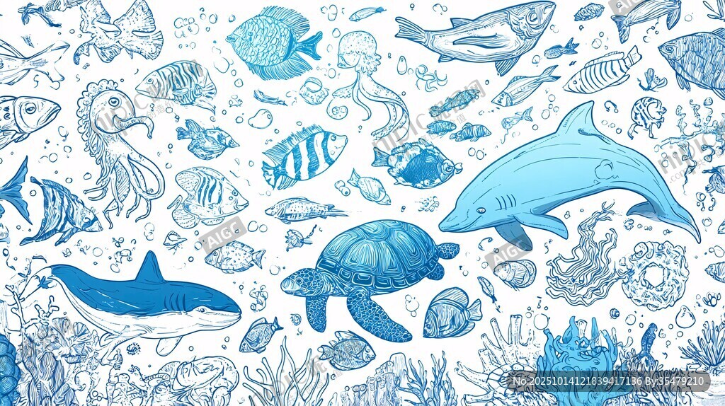 海洋生物手绘插画图案