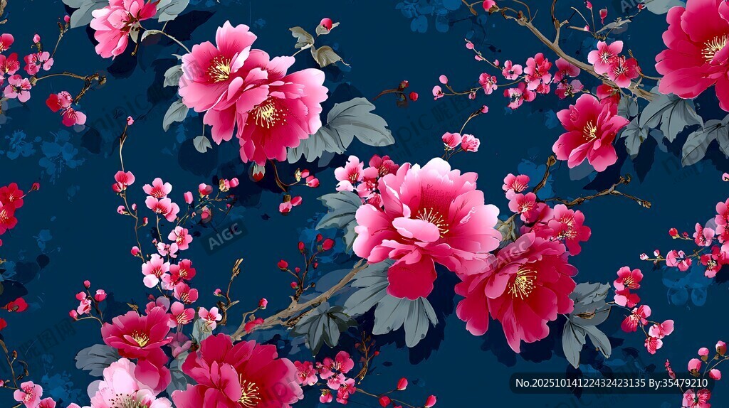 深蓝底繁花锦簇花卉图案