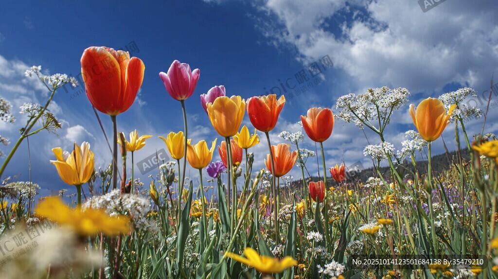 花海中绽放的多彩郁金香