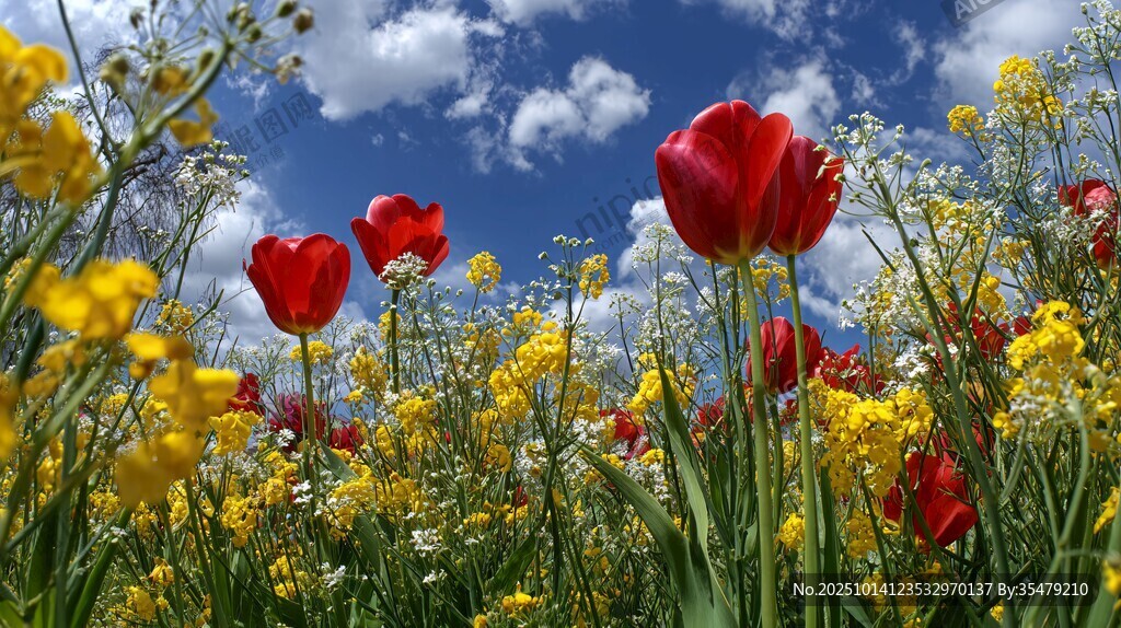 春日花海 红黄花朵映蓝天