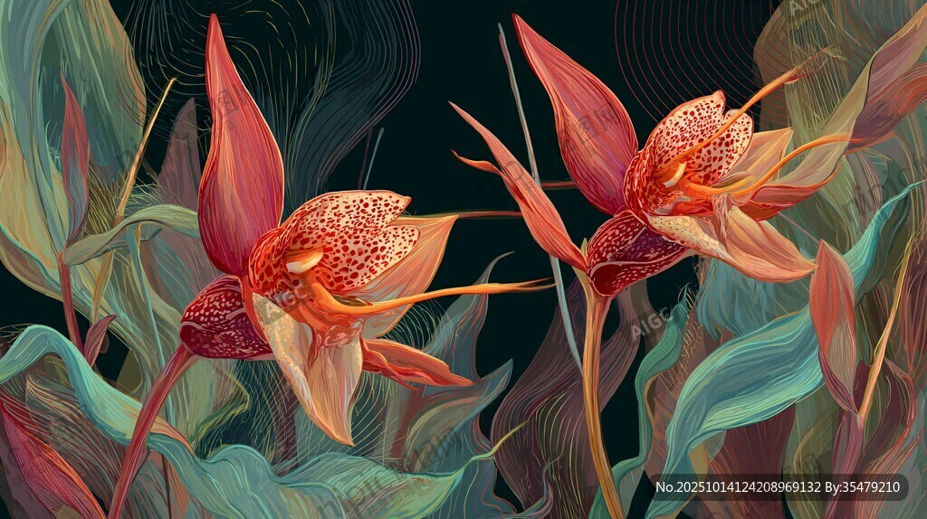 奇幻艳丽的热带花卉图景