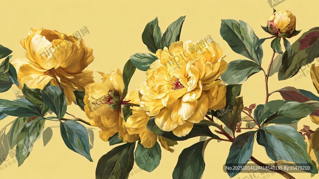 黄色牡丹花枝叶插画