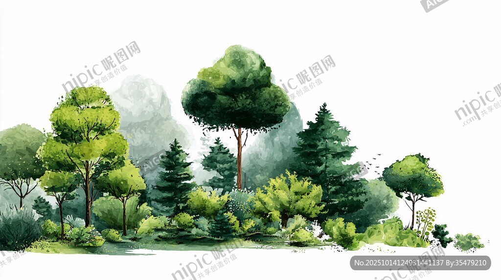 清新绿意森林手绘景观