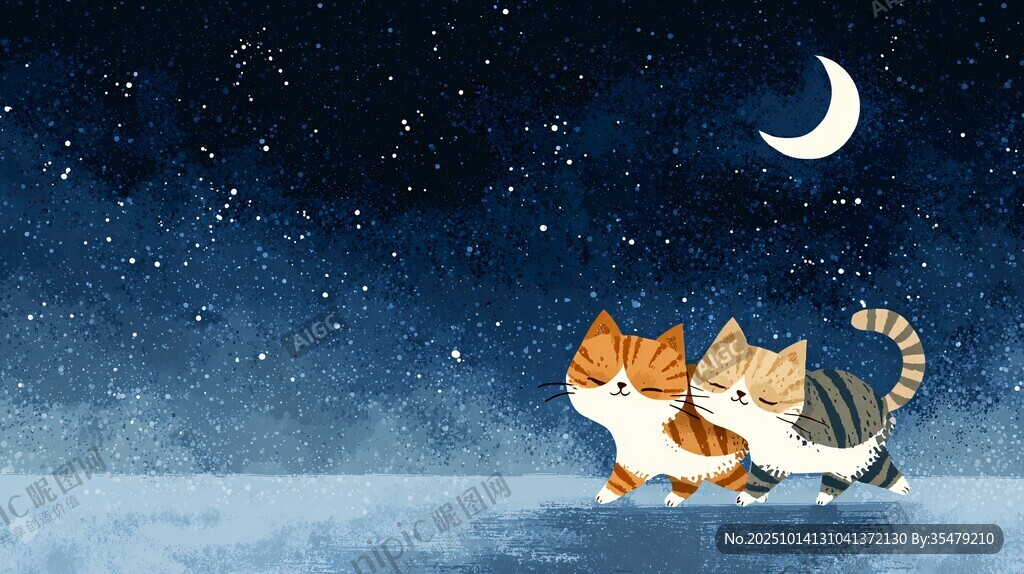 月夜下的双猫漫步
