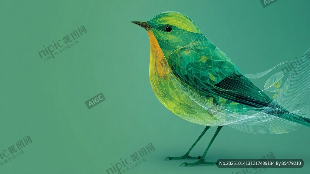 梦幻绿羽小鸟艺术插画