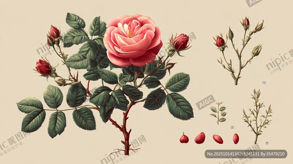 粉红玫瑰植物细节展示图