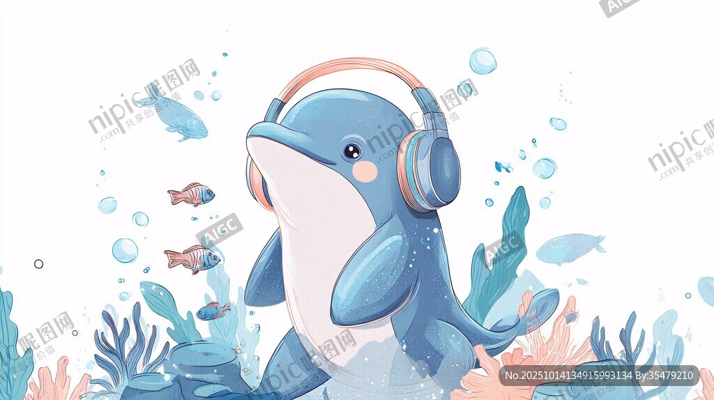 戴耳机的可爱海底小海豚