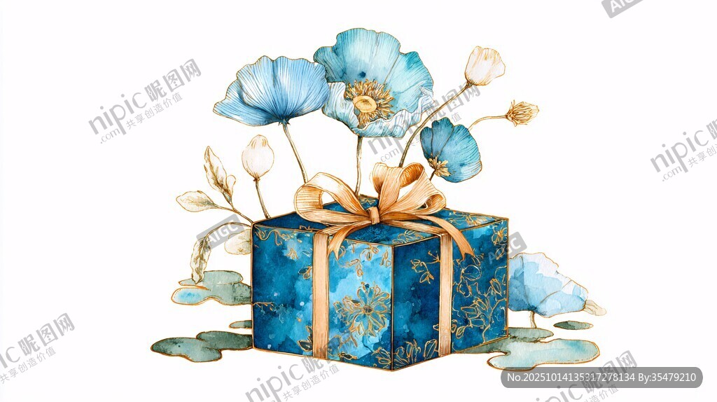 蓝色花卉礼盒水彩插画