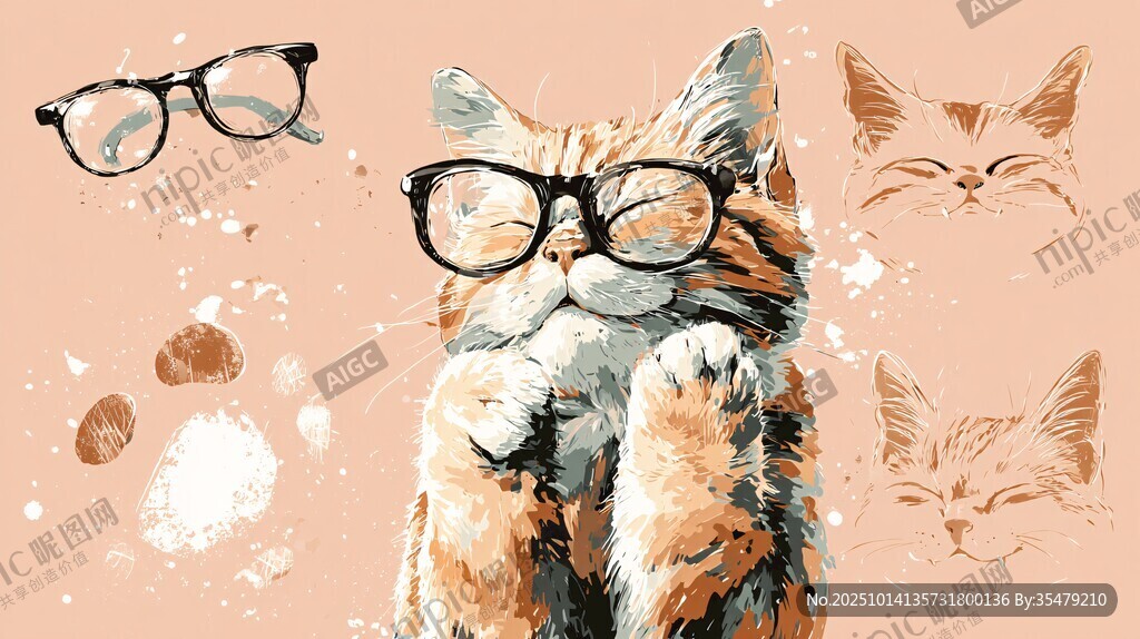 戴眼镜的可爱猫咪插画