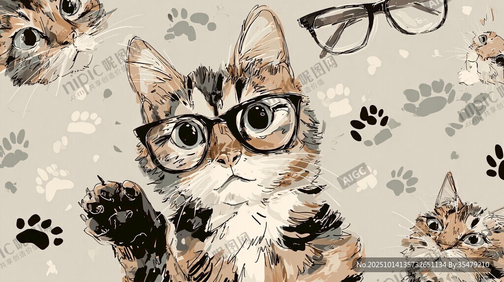 戴眼镜的萌猫插画图案