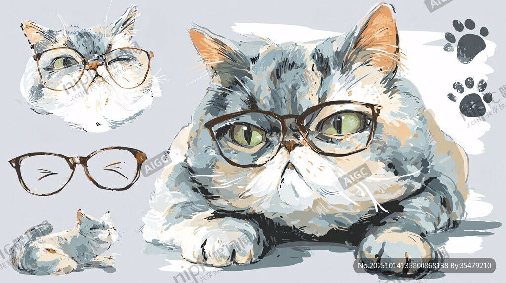 戴眼镜的萌趣猫咪插画