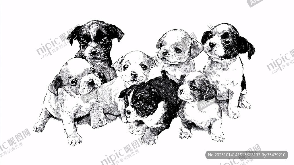 一群可爱幼犬的黑白插画