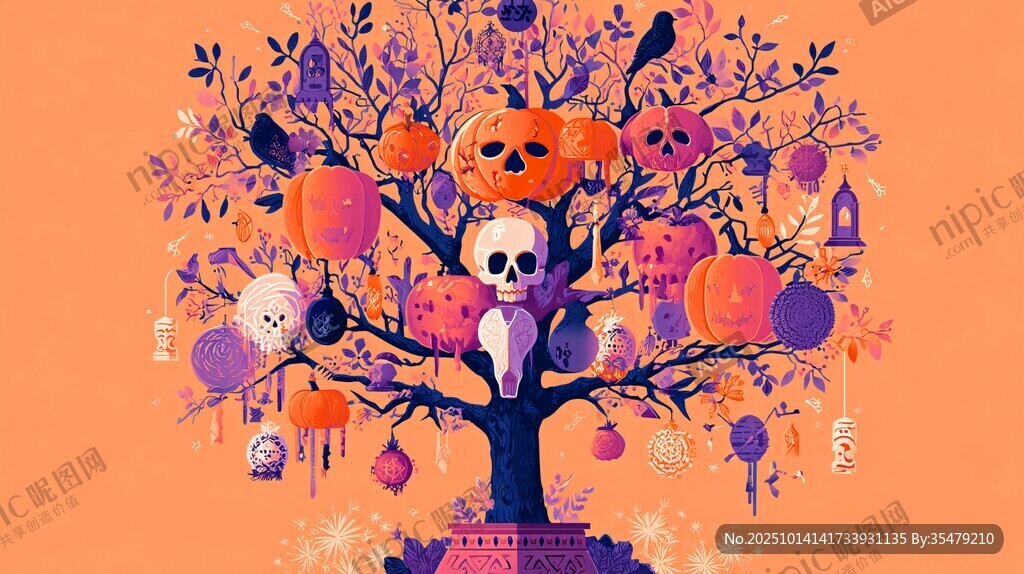 万圣节奇幻树饰插画