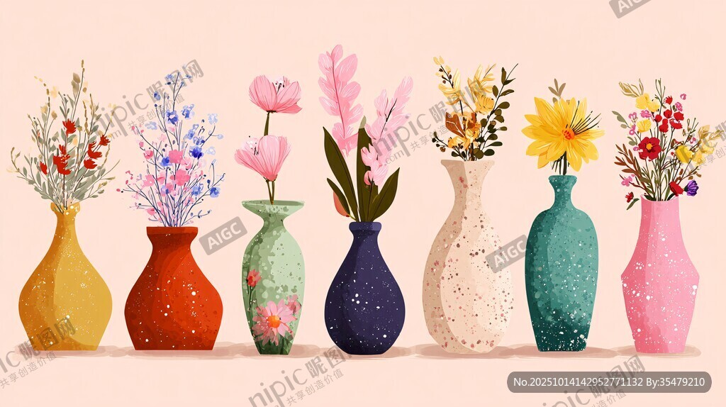 多彩花瓶插满缤纷鲜花