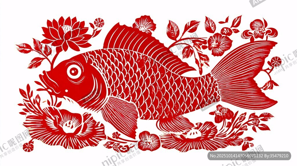 喜庆剪纸风红鲤鱼花卉图