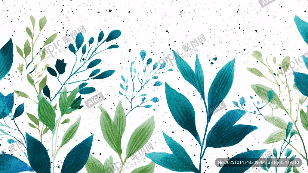 清新蓝绿植物水彩图案