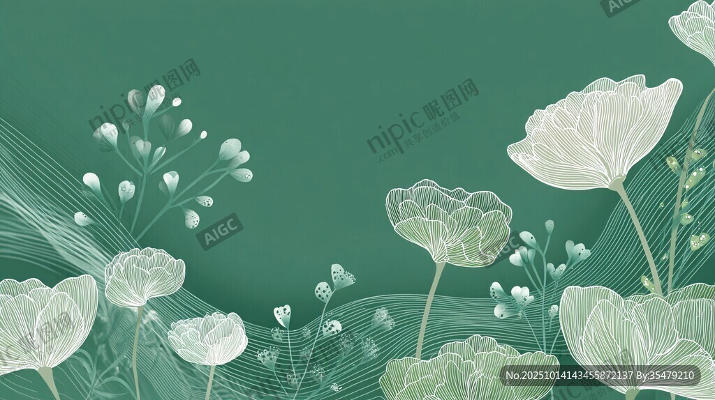清新绿底花卉插画背景