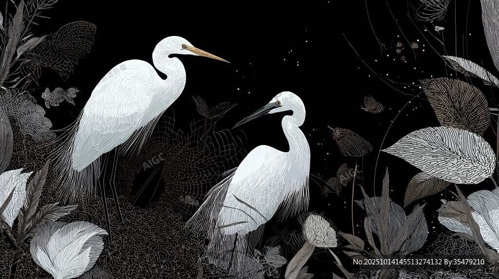 双鹭栖于繁茂植物间